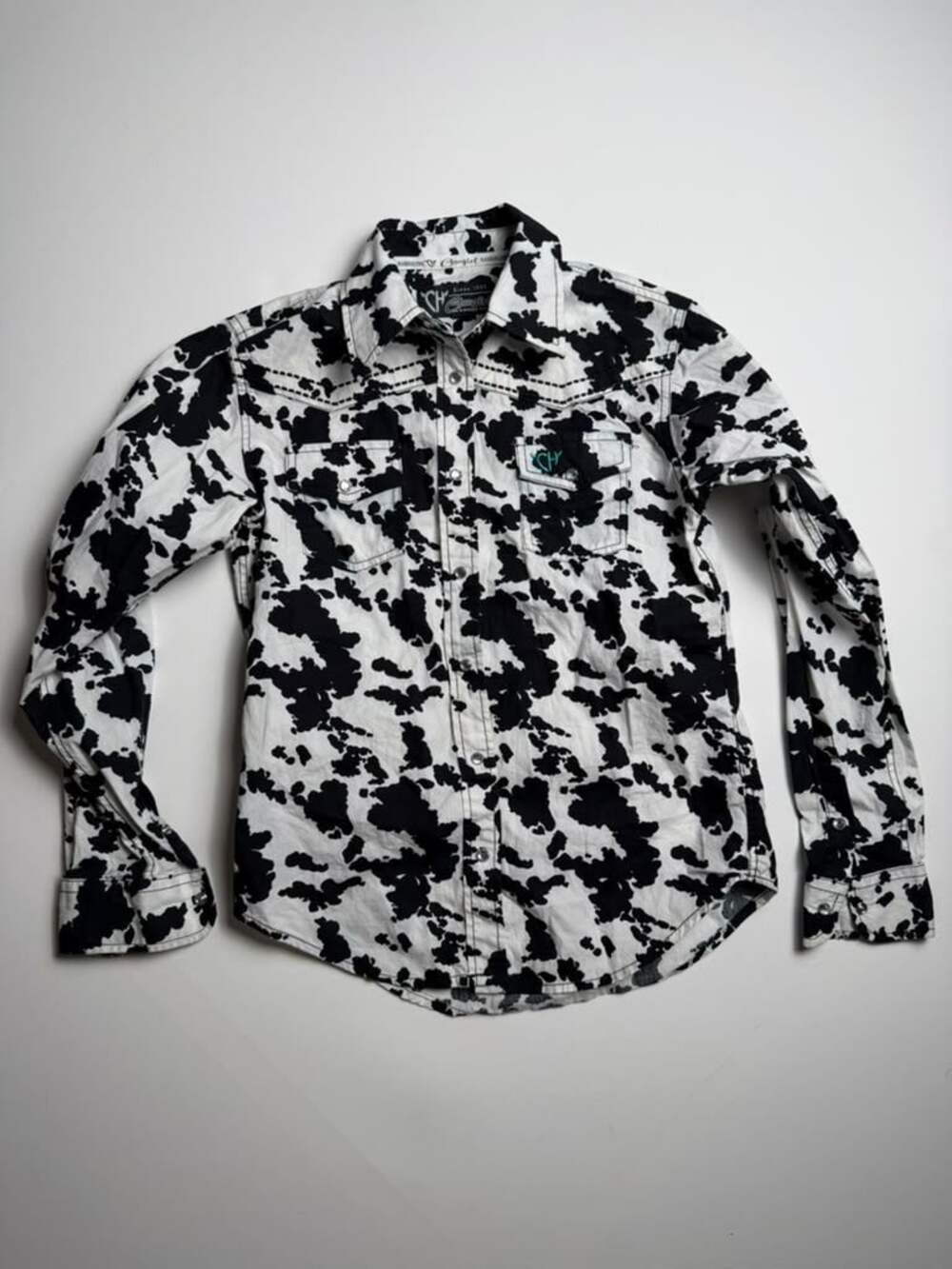 Youth Cowgirl Western Rodeo Black & White Cow Print Long Sleeve Button Up Shirt